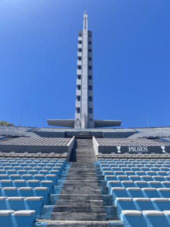 El Centenario: the national football stadium in Montevideo. View from the lower stands towards the tower