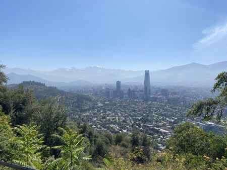 Santiago: El Costenara tower and Vitacura district. El Plomo in the background