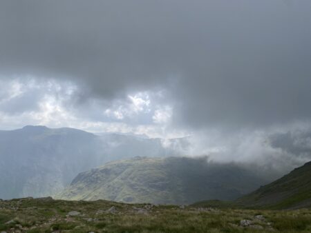 Cloudage provides light and dark. Looking towards The Langdale Pikes